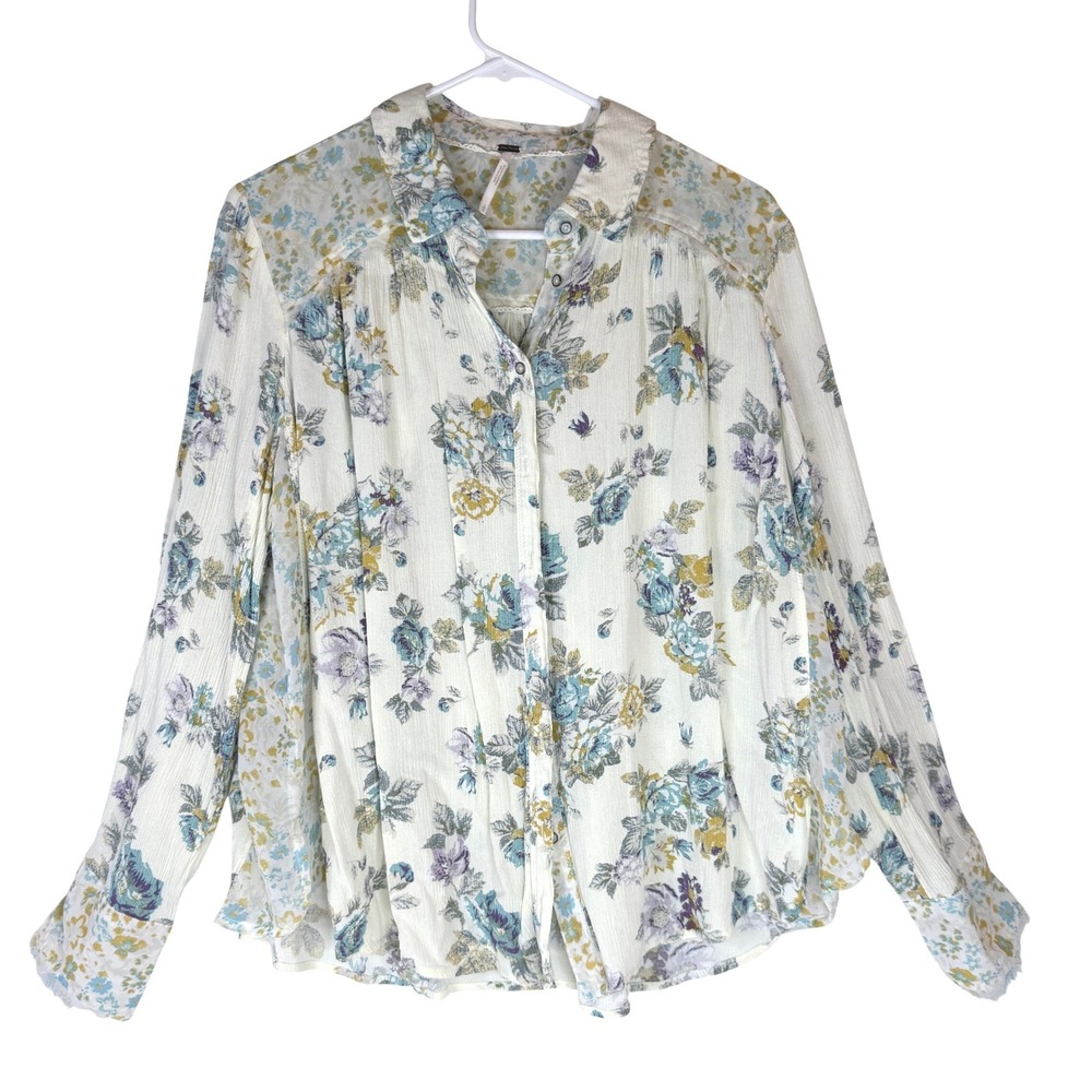 Free People Hold On To Me Women's Blouse L Ivory Blue Boho Raw Cuff 1141